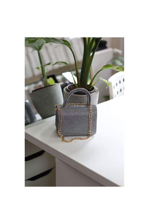 Platin Simli Tutma Saplı Zincir Detaylı Abiye El Çantası