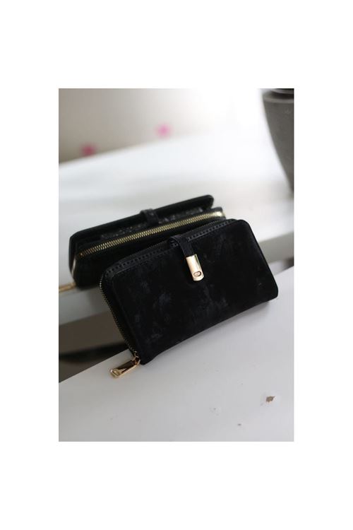 Kadın Siyah Eskitme Doku Gold Aksesuar Detaylı Cüzdan