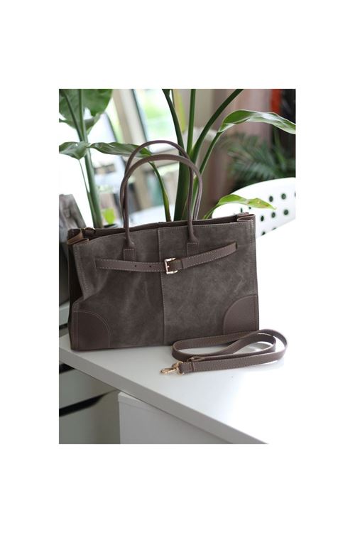 Kadın Vizon Süet Büyük Kopça Detaylı Büyük Boy Omuz Çantası