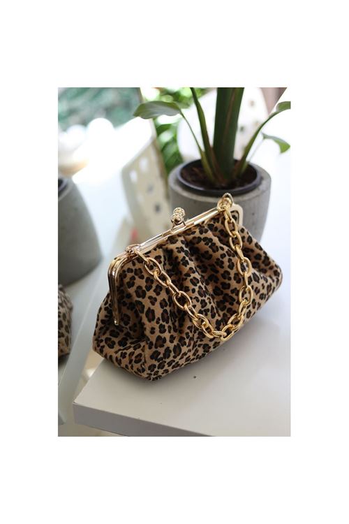 Kadın Leopar Bohça Formlu Zincir Detaylı Çanta