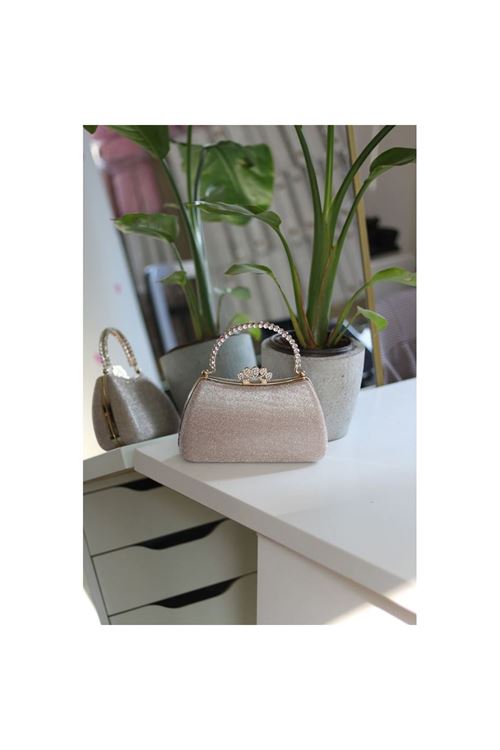 Kadın Rose Gold Kristal Tutma Saplı Abiye El Çantası
