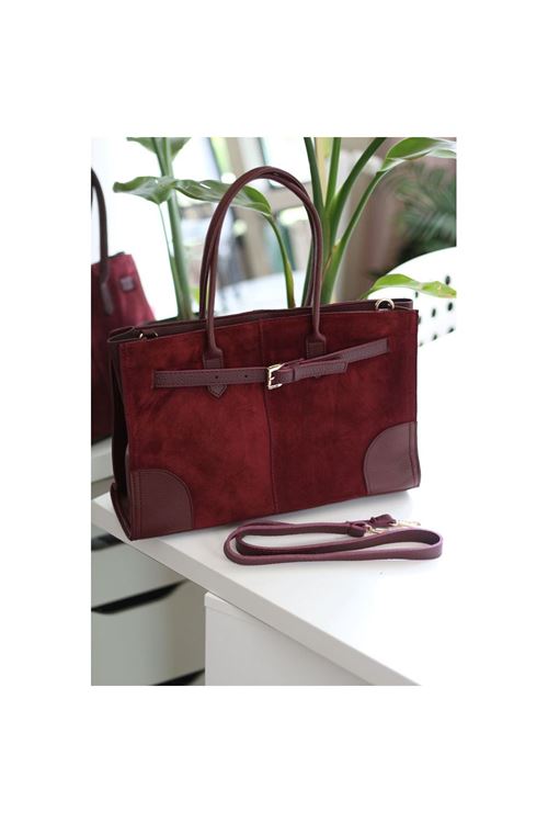 Kadın Bordo Süet Büyük Kopça Detaylı Büyük Boy Omuz Çantası