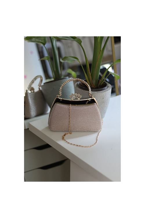 Kadın Rose Gold Kristal Tutma Saplı Abiye El Çantası