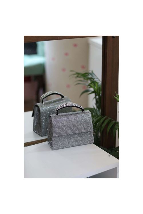 Kadın Simli Platin Taş Tutma Detaylı Abiye Omuz Çantası