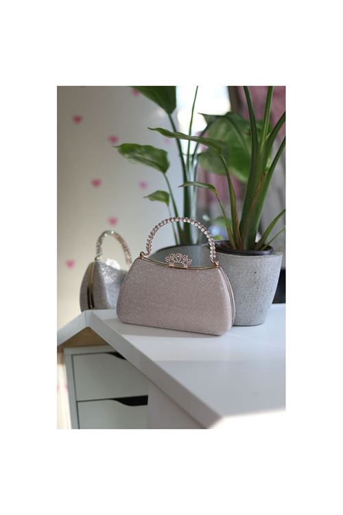 Kadın Rose Gold Kristal Tutma Saplı Abiye El Çantası