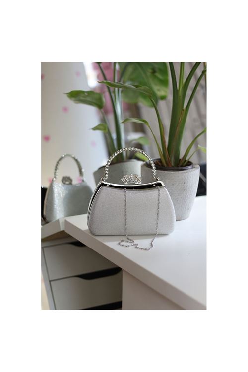 Kadın Silver Kristal Tutma Saplı Abiye El Çantası