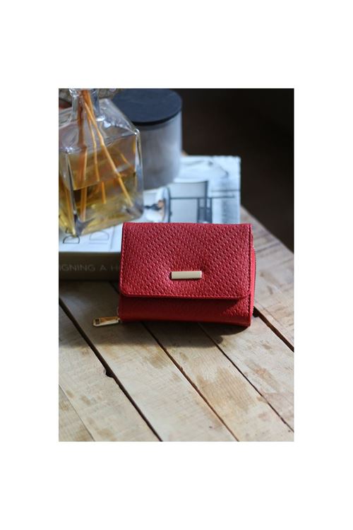 Kadın Kırmızı Kartlık Detaylı Mini Cüzdan