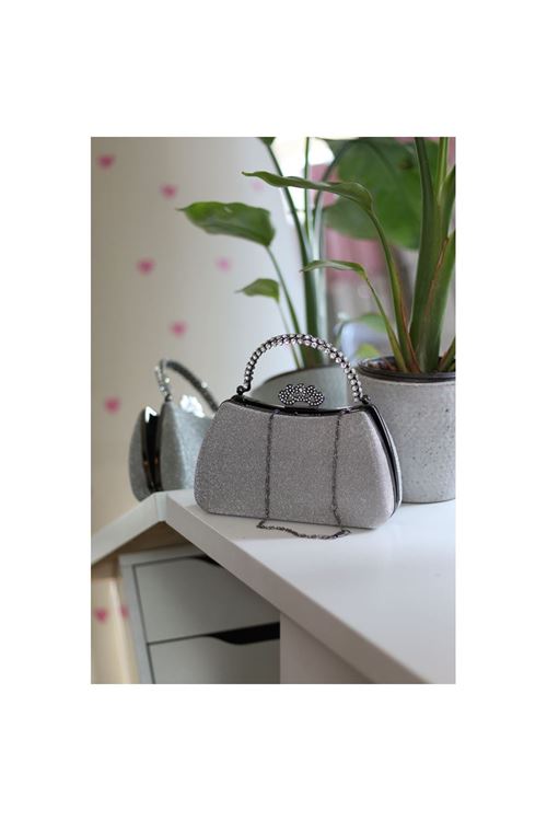 Kadın Platin Kristal Tutma Saplı Abiye El Çantası