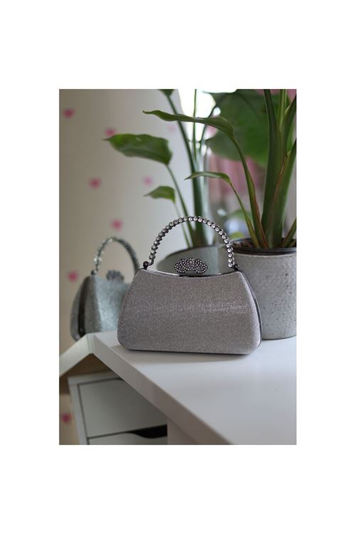 Kadın Platin Kristal Tutma Saplı Abiye El Çantası