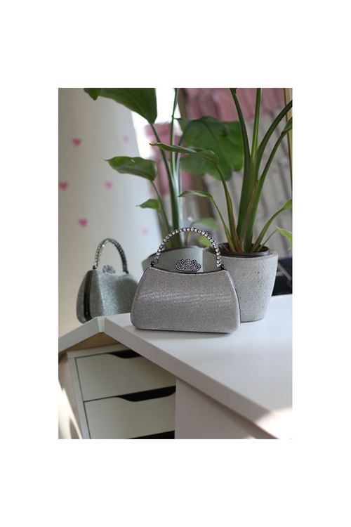 Kadın Platin Kristal Tutma Saplı Abiye El Çantası