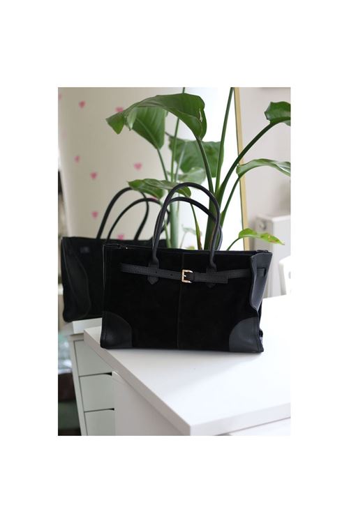 Kadın Siyah Süet Büyük Kopça Detaylı Büyük Boy Omuz Çantası