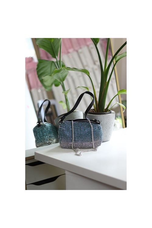Kadın Silver Mavi 2 Renkli Detaylı Deri Askılı Taşlı Abiye Omuz Çantası
