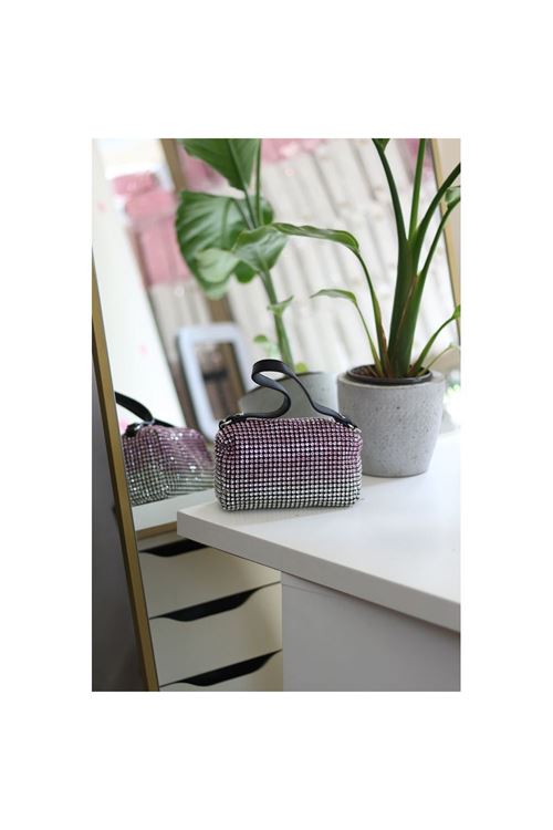 Kadın Silver Pembe 2 Renkli Detaylı Deri Askılı Taşlı Abiye Omuz Çantası