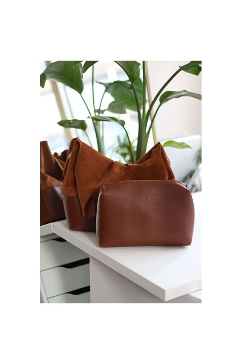 Kadın Taba Süet Ek Portföylü Büyük Boy Omuz Çantası