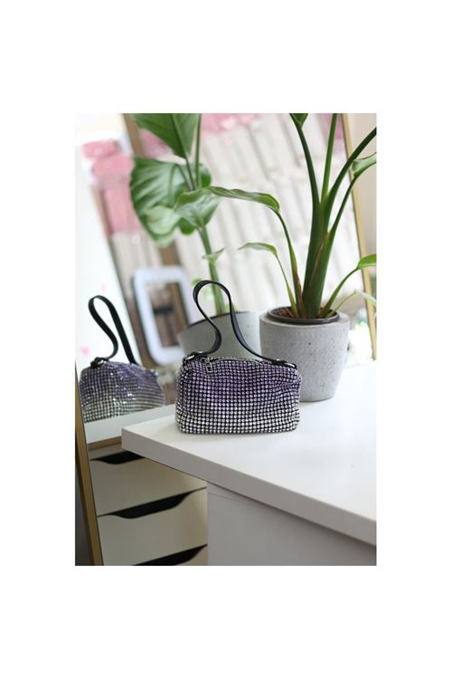 Kadın Silver Mor 2 Renkli Detaylı Deri Askılı Taşlı Abiye Omuz Çantası