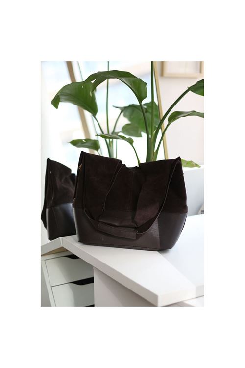 Kadın Acı Kahve Süet Ek Portföylü Büyük Boy Omuz Çantası
