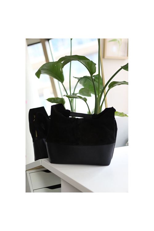 Kadın Siyah Süet Ek Portföylü Büyük Boy Omuz Çantası