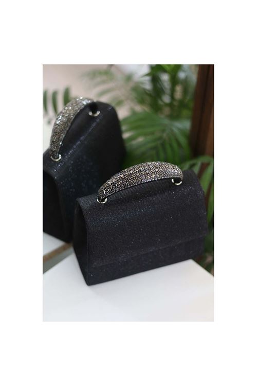 Kadın Siyah Simli Taş Tutma Detaylı Abiye Omuz Çantası