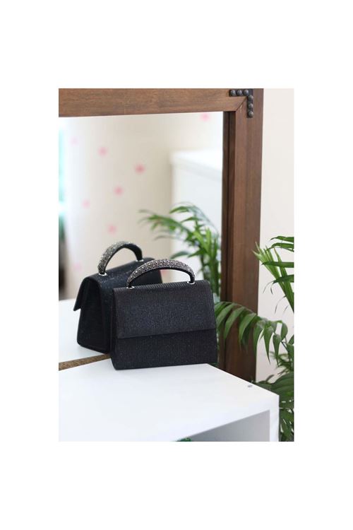 Kadın Siyah Simli Taş Tutma Detaylı Abiye Omuz Çantası