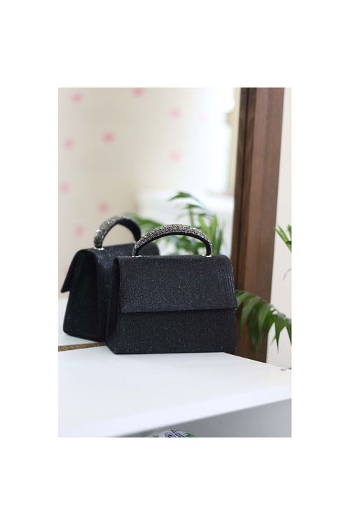 Kadın Siyah Simli Taş Tutma Detaylı Abiye Omuz Çantası