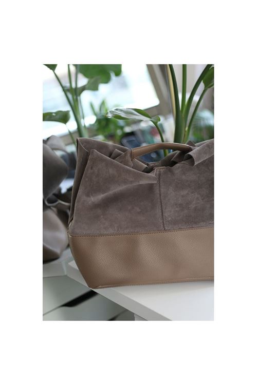 Kadın Vizon Süet Ek Portföylü Büyük Boy Omuz Çantası