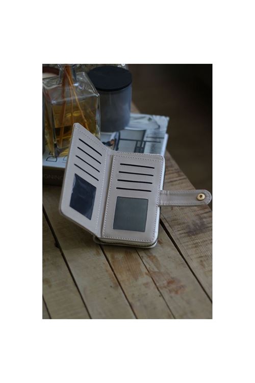 Kadın Krem Kartlık Detaylı Orta Boy Cüzdan