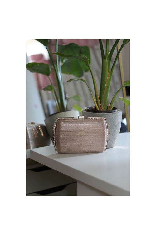 Kadın Rose Gold Çizgi Doku Kristal Taş Detaylı Abiye Çanta