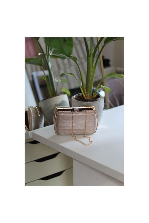 Kadın Rose Gold Çizgi Doku Kristal Taş Detaylı Abiye Çanta