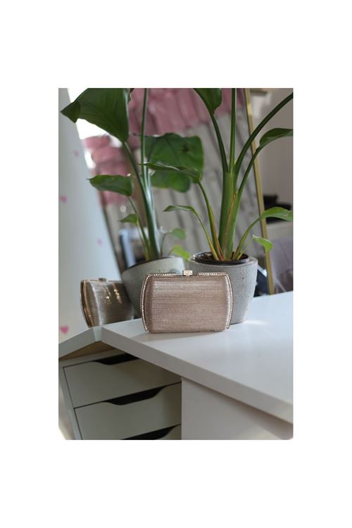 Kadın Rose Gold Çizgi Doku Kristal Taş Detaylı Abiye Çanta