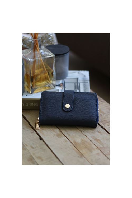 Kadın Lacivert Kartlık Detaylı Orta Boy Cüzdan
