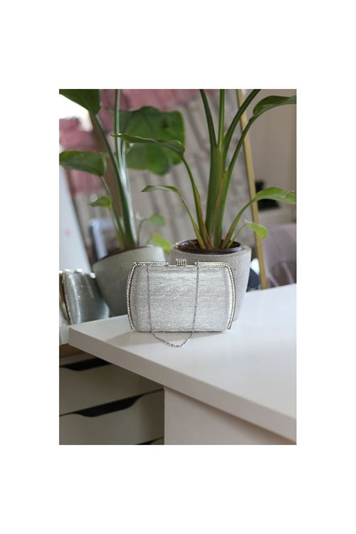 Kadın Silver Çizgi Doku Kristal Taş Detaylı Abiye Çanta