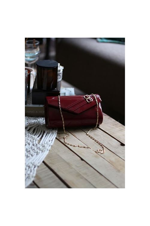 Kadın Bordo Rugan Çift Kemer Detaylı Abiye El Çantası