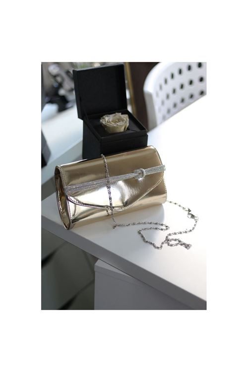 Kadın Gold Rugan Taş Şerit Detaylı Abiye el Omuz Çantası