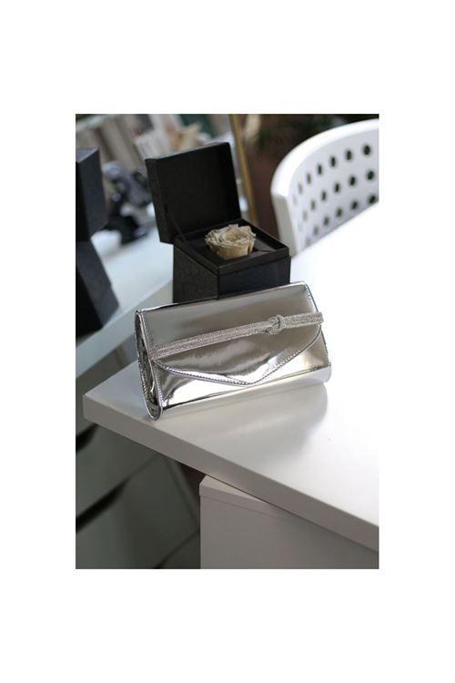 Kadın Silver Rugan Taş Şerit Detaylı Abiye el Omuz Çantası