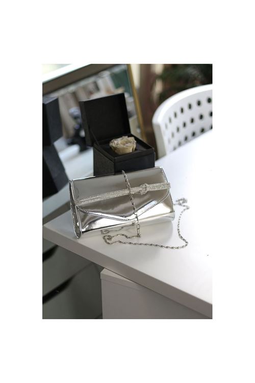 Kadın Silver Rugan Taş Şerit Detaylı Abiye el Omuz Çantası