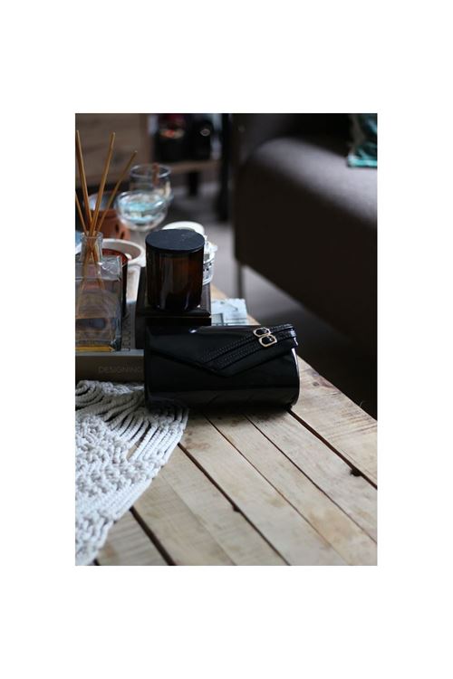 Kadın Siyah Rugan Çift Kemer Detaylı Abiye El Çantası