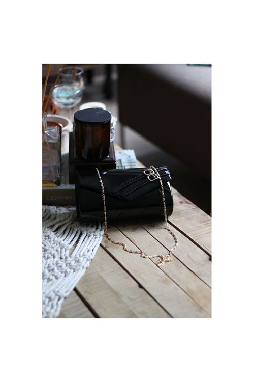 Kadın Siyah Rugan Çift Kemer Detaylı Abiye El Çantası