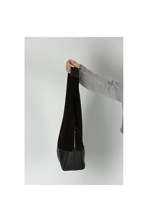 Kadın Siyah Süet Ek Portföyl Büyük Boy Omuz Çantası