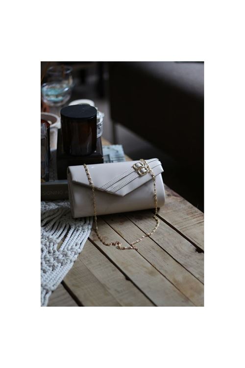 Kadın Krem Rugan Çift Kemer Detaylı Abiye El Çantası