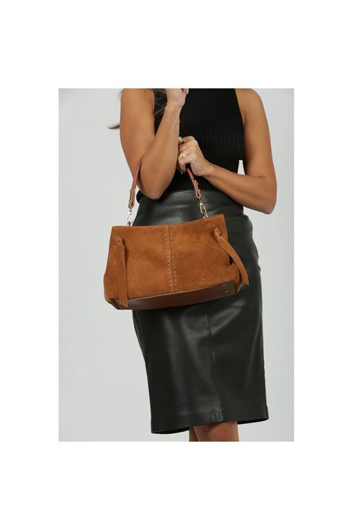 Kadın Taba Süet Gold Zımba Detaylı Omuz Çantası