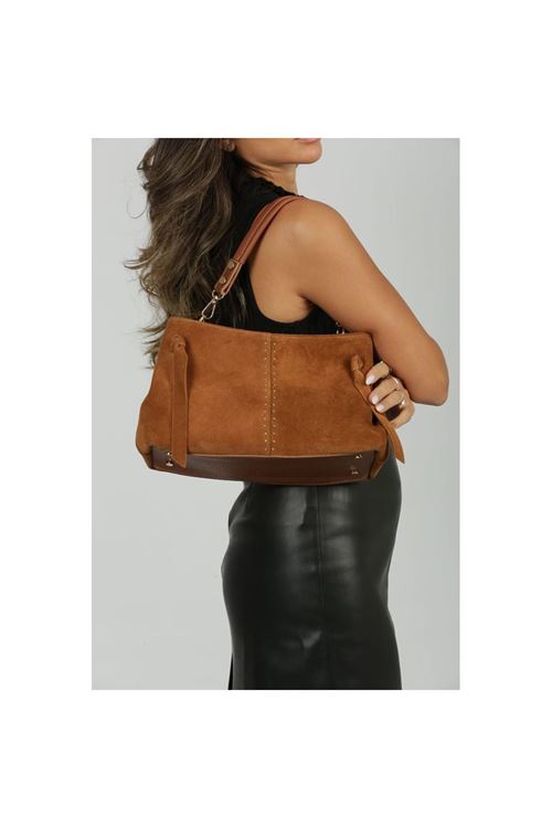 Kadın Taba Süet Gold Zımba Detaylı Omuz Çantası