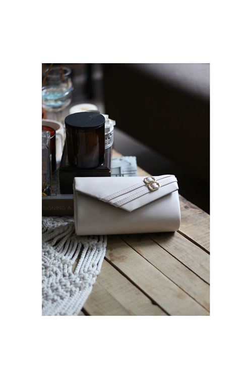 Kadın Mat Krem Çift Kemer Detaylı Abiye El Çantası