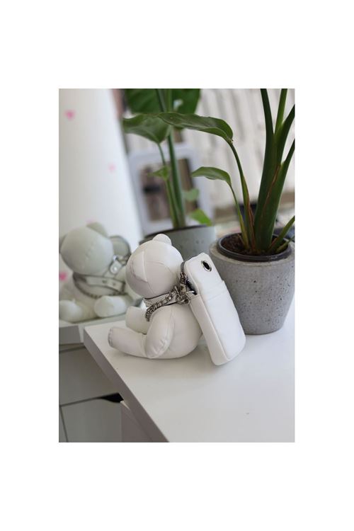 Kadın Beyaz Ayıcık Maskot Detaylı Kalın Zincir Askılı Telefon Çantası