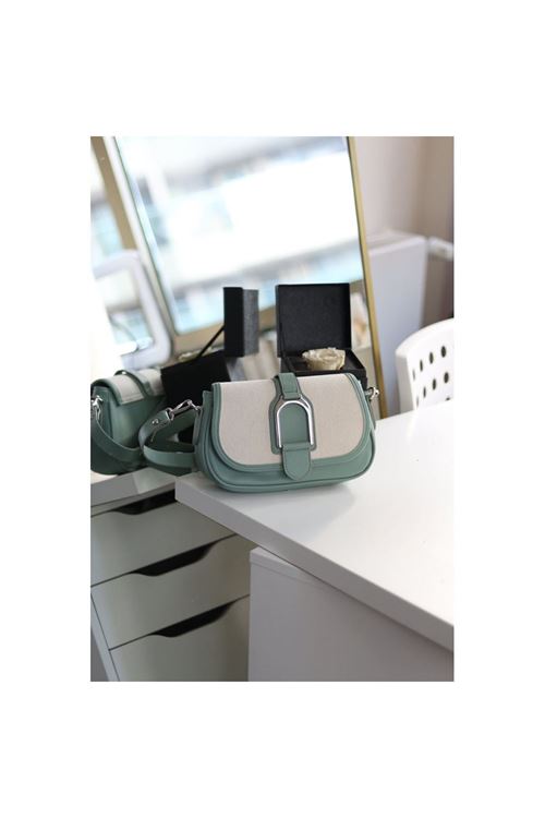 Kadın Mint Yeşili Keten Silver Toka Detaylı Askılı Omuz Çantası