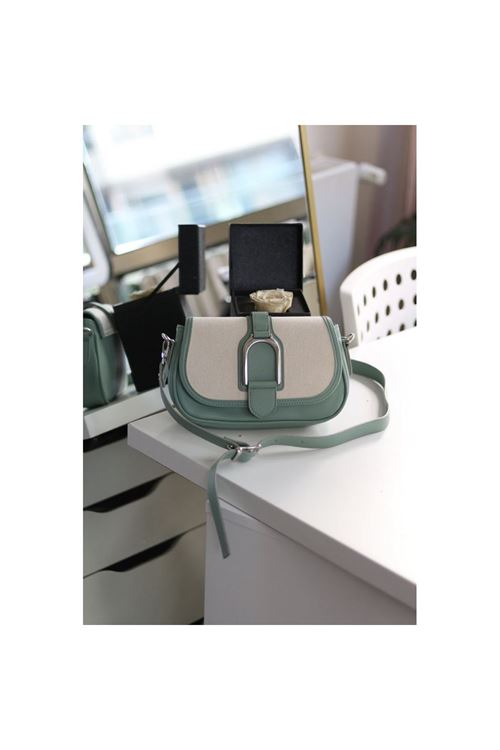 Kadın Mint Yeşili Keten Silver Toka Detaylı Askılı Omuz Çantası
