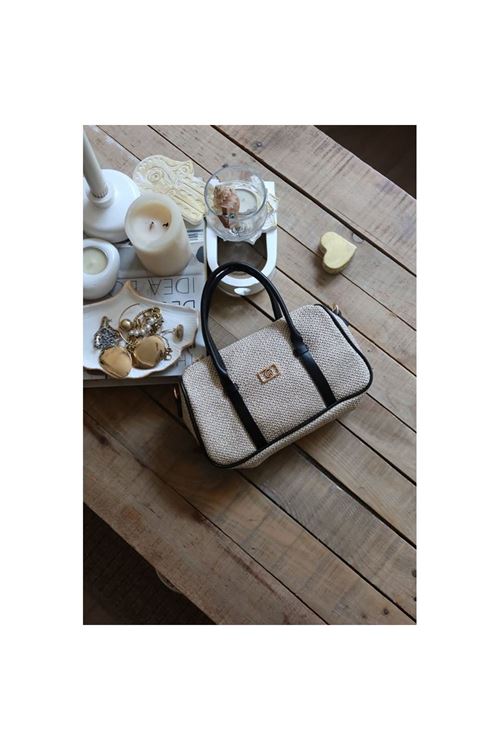 Siyah  Hasır Doku Çift Şeritli El Omuz Çantası