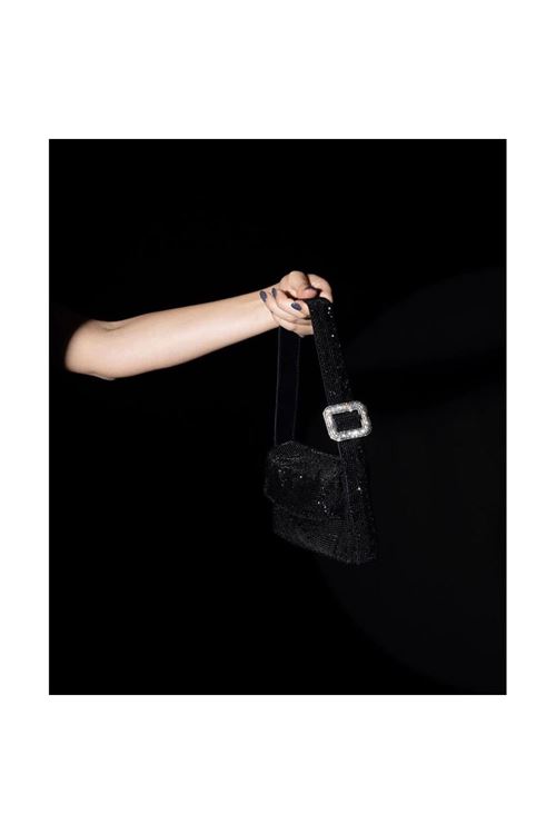 Kadın Siyah Toka Detaylı Taş Dokuma Omuz Çanta