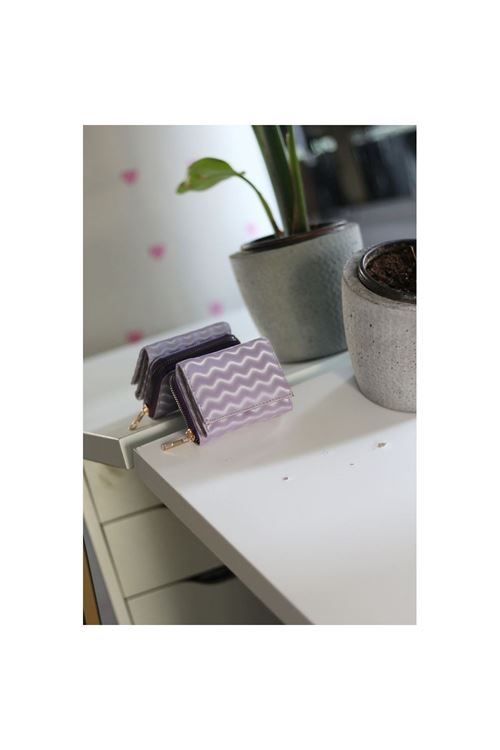 Lila Dalga Desenli Fermuar Ve Kartlık Detaylı Mini Cüzdan