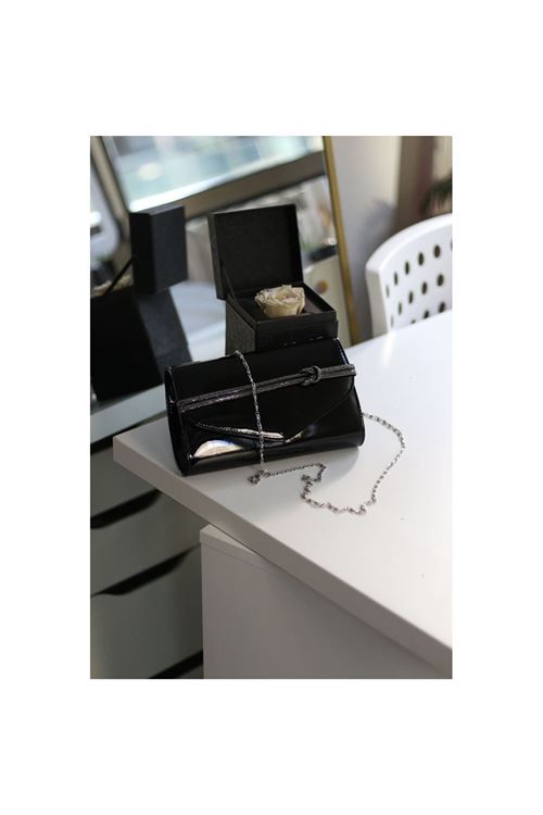 Kadın Siyah Rugan Taş Şerit Detaylı Abiye el Omuz Çantası