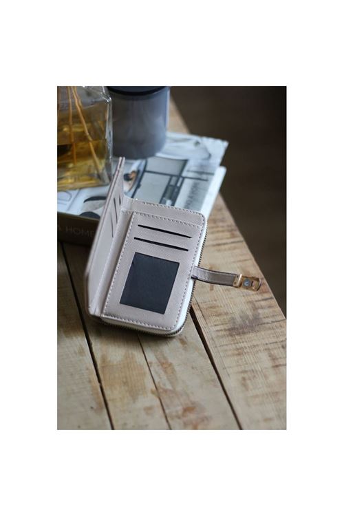 Kadın Krem Dokulu Kartlık Detaylı Küçük Boy Cüzdan